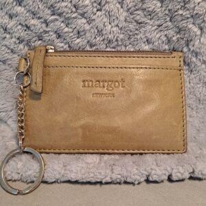 Margot Of New York Beige Leather Emmy Coin Card Keychain Pouch Wallet